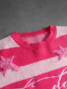 ROMWE MEN Men's Round Neck Striped Contrast Color Embroidered Fashion Sweater - Hot Pink - View 2