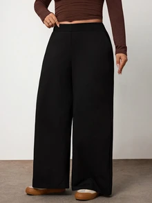 Enliva Plus Size Women's Cotton Blend Sweatpants High Waist Wide Leg Lounge Pants With Side Pockets,Apple,Rounded Body - Black - View 3