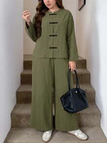 Easowa Curve Women's Plus Size Long Sleeve Loose Casual 2 Pieces Set - Army Green - View 5