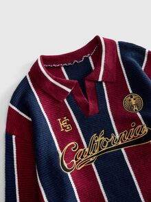 ROMWE MEN Street Life Sweater Rajut Pria Ukuran Besar, Kerah Lipat, Gaya Olahraga Sepak Bola, Streetwear Retro - Burgundy - View 3