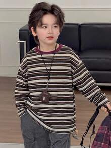 Dazy Kids 大童男孩對比滾邊圓領條紋休閒日常百搭長袖T恤 - 彩色 - 查看 7