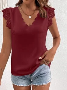 SHEIN VCAY 女款V領貝殼飾邊蕾絲飾邊純色上衣，酒紅色，適合上班日常，夏季浪漫優雅風 - 酒紅色 - 查看 5