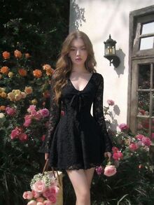SHEIN MOD 女款黑色蕾絲罩衫與黑色蕾絲細肩帶迷你裙性感甜美兩件套 - 黑色 - 查看 10