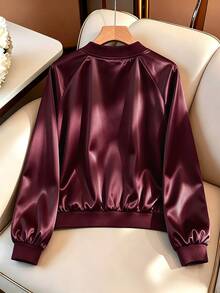 SHEIN LUNE Apricot Satin Baseball Jacket, Solid Color Without Print, Ribbed Baseball Round Neck, Long Sleeve With Ribbed Cuffs, Ribbed Elastic Hem Waistband, Light Luxury Casual Style, Minimalist Commute Style, Suitable For Daily Commuting, Leisure Shopping, Short Trips, Inner Layering And Outer Wear - Burgundy - View 2