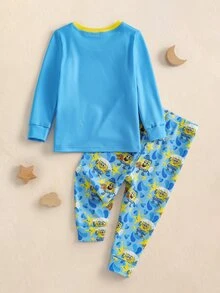 SpongeBob SquarePants | SHEIN Baby Boy Cartoon Print Long Sleeve Top And Leggings Loungewear Set - Blue - View 2