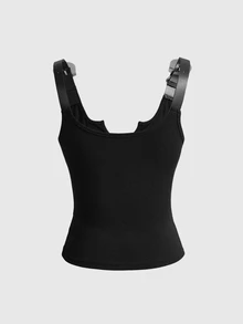 ROMWE Goth Women's Neon Green Print Dark Swamp Distressed Sexy Tank Top - Black - View 2