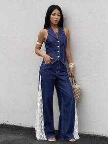 Sweetra Women's Single-Breasted Halter Neck Top And Long Pants Casual Everyday Denim Set - Blue - View 6