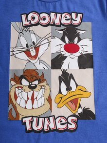 LOONEY TUNES X SHEIN 小男孩字母卡通印花休閒日常短袖T恤 - 藍色 - 查看 4