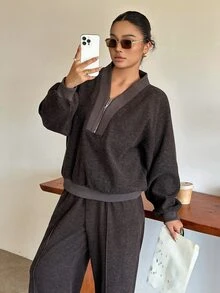 Dazy Plus Thickened Half-Open Collar Pullover Top & Long Pants Casual Fun Commute Spring Autumn New Two Pieces Set - Brown - View 6