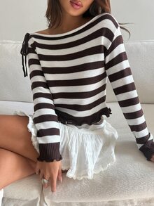 Livesso Autumn/Winter Coffee Brown Round Neck Long Sleeve Cable Knit Slim Fit Ribbed Casual Women's Sweater - Coffee Brown - View 5