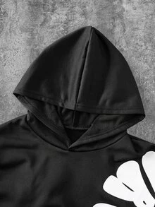 2件組 男士青少年秋冬抓絨內裡加厚街頭風花卉滿版印花連帽衛衣套頭衫與直筒運動長褲套裝，適合街頭風格，中性款 - 黑色 - 查看 3