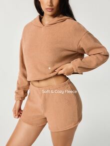 SHAPORA Women's Autumn/Winter Fashion Minimalist Comfortable Khaki Half-Fleece Short Sweatshirt & Ultra Shorts Loungewear 2pcs Set - Khaki - View 6