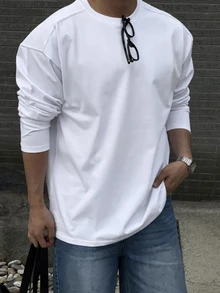 DAZY 男士純色休閒百搭長袖T恤，適合日常穿著 - 白色 - 查看 2
