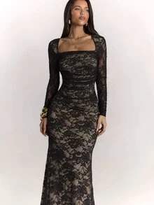 SHEIN BAE Women's Square Neck Lace Top And Lace Long Skirt Elegant Set - Black - View 8