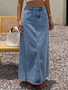Livesso Autumn High Waist Deep Blue Washed Solid Color A-Line Flared Slim Fit Women's Denim Skirt - Light Wash - View 1