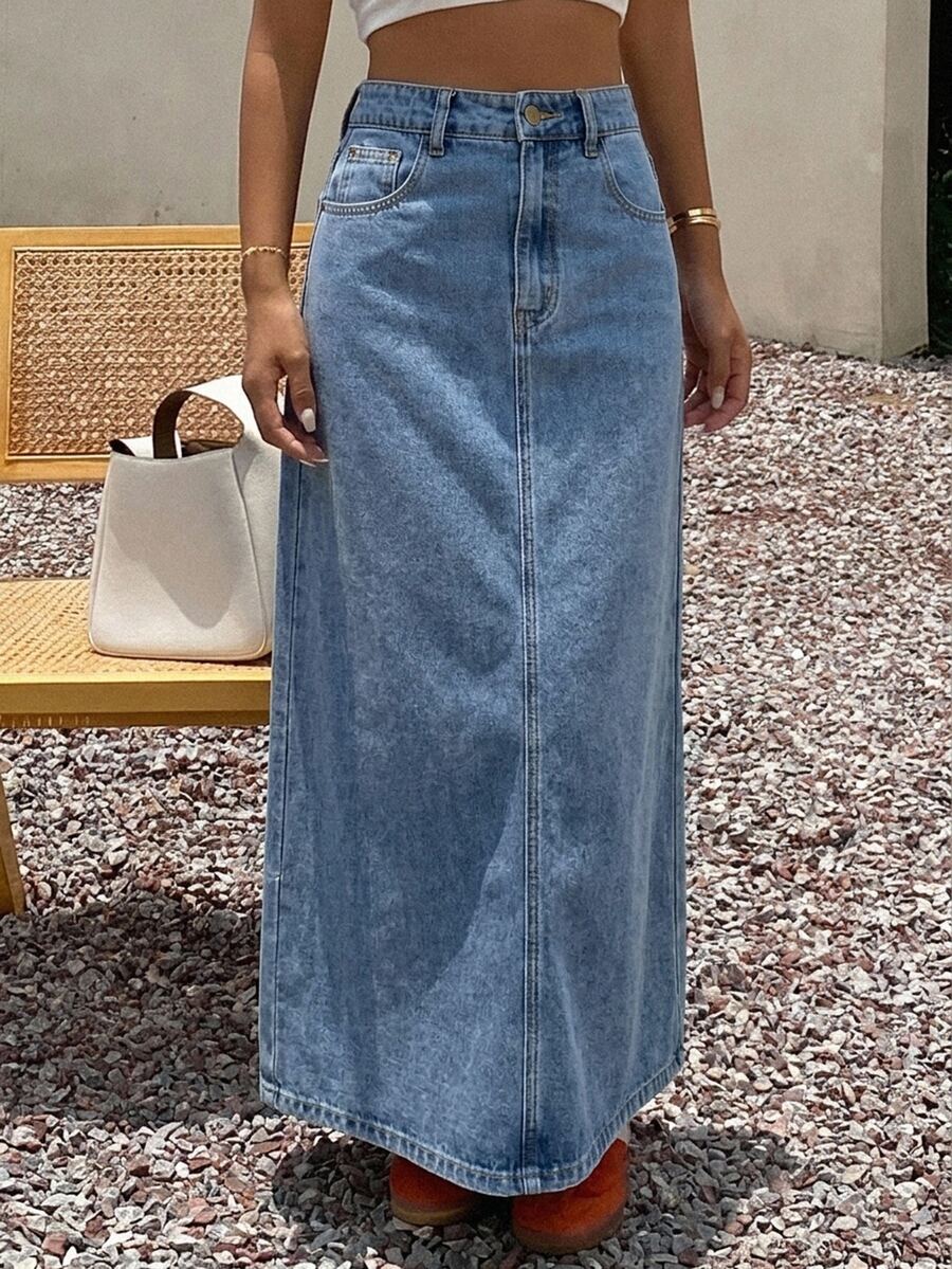 Livesso Autumn High Waist Deep Blue Washed Solid Color A-Line Flared Slim Fit Women's Denim Skirt - Light Wash - View 1