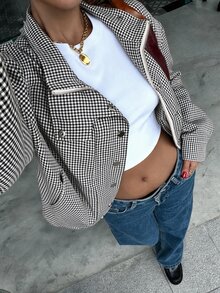 Muchica 女款棕色格紋編織燈籠袖立領夾克，附鈕扣裝飾 - 彩色 - 查看 1