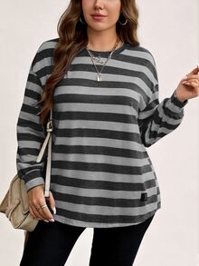 SHEIN LUNE Plus Size Women's Autumn/Winter Striped Print Loose Crew Neck Long Fall - Multicolor - View 4