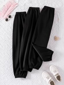 SHEIN 青少年女孩 3件組 素色百搭保暖內裡運動長褲 秋冬款 - 黑色 - 查看 1