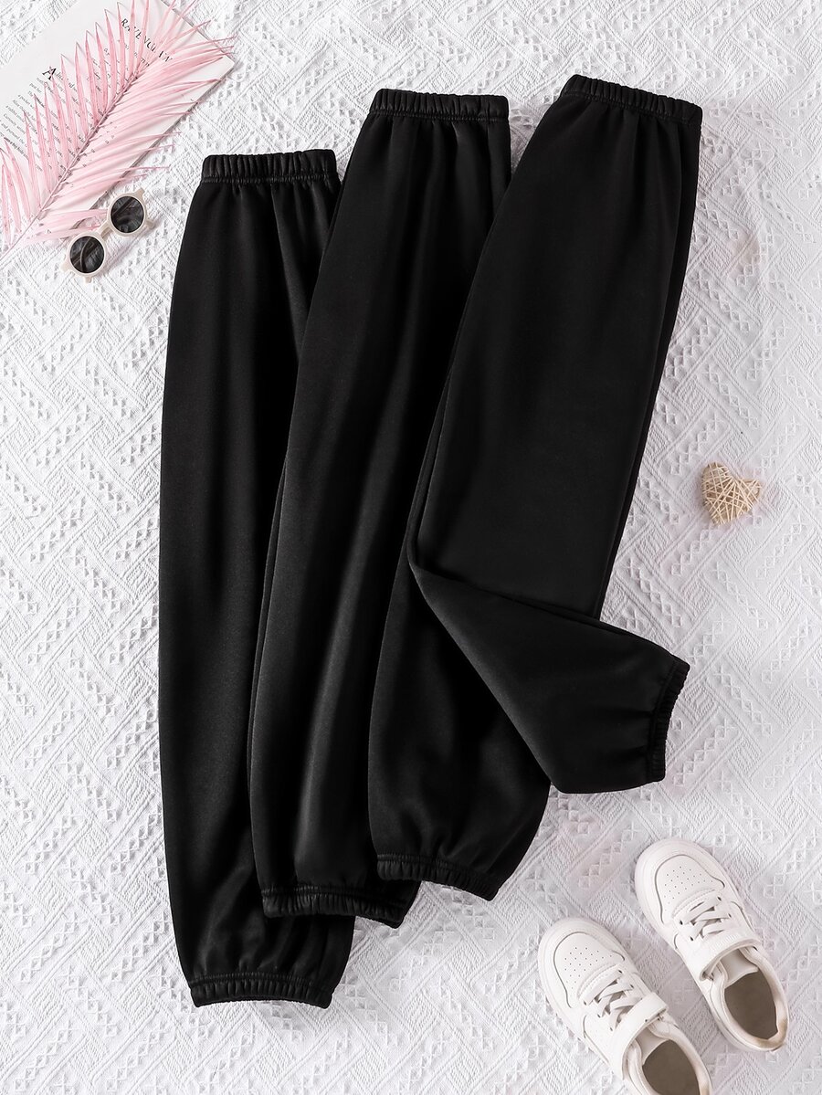 SHEIN 青少年女孩 3件組 素色百搭保暖內裡運動長褲 秋冬款 - 黑色 - 查看 1