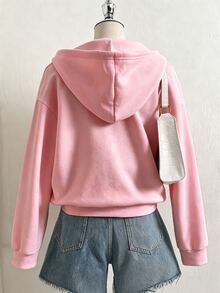 SHEIN Sparklyn 秋冬季女孩英文印花連帽拉鍊外套 - 撞色字母印花混搭街頭風，保暖針織布料，適合秋冬季節，略微寬鬆的版型留有成長空間，校園出行瞬間變身活力少女！ - 粉色 - 查看 2