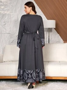 Lacomfia Women's Elegant Minimalist Round Neck Patchwork Floral Print Tie Waist Daily Home Wear Plus Size Long Sleeve Dress - Grey - View 2