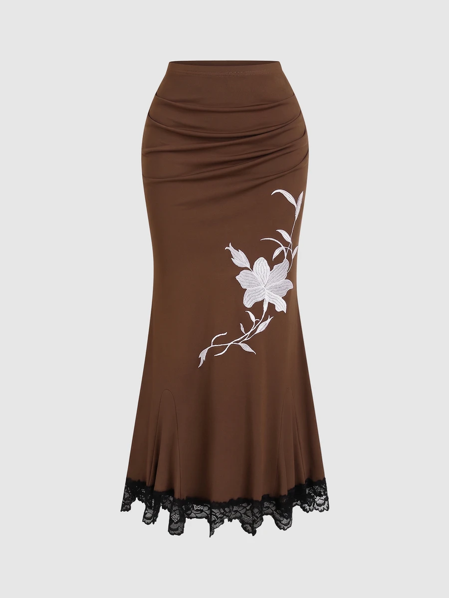 Sweetra Women's Spring/Autumn Chinese Style Lace Patchwork Low Waist Asymmetrical Fishtail Skirt - Brown - View 1