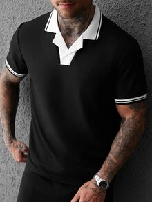 SLATEMANN Men's Colorblock Short Sleeve Polo Collar Loose Casual Daily Polo Shirt - Black - View 5