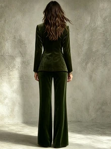 SHEIN Autumn/Winter Women's Luxury Velvet Suit Set, Double-Breasted Waist-Cinching Blazer & Flared Pants Two Pieces Outfit, Suitable For Party, Banquet, Gathering, Professional Commute Style And More Occasions - Olive Green - View 3