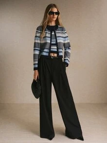 Poéselle 巴黎風藍色條紋長袖針織開襟衫套裝 - 彩色 - 查看 8
