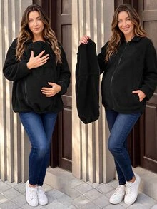 SHEIN Maternity 3-In-1 Casual Long Sleeve Stand Collar Side Zipper Removable Design Loose Black Fleece Jacket - Black - View 1