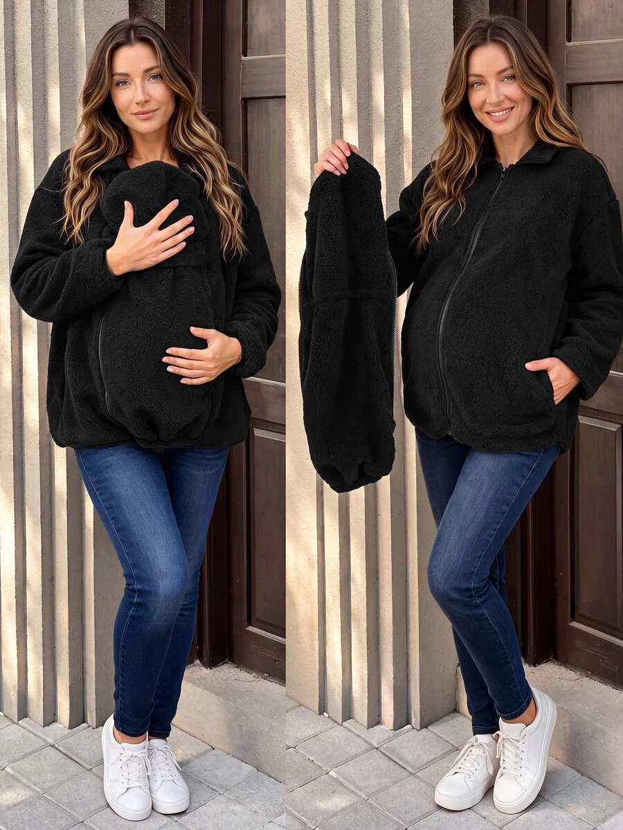 SHEIN Maternity 3-In-1 Casual Long Sleeve Stand Collar Side Zipper Removable Design Loose Black Fleece Jacket - Black - View 1