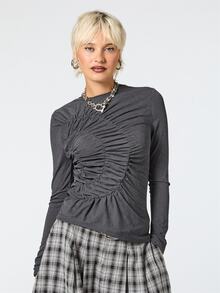 COUREZ Ruched Long Sleeve Top / Y2K Tops For Women Fall Clothes For Women Autumn Winter Clothes For Women Casual Going Out Tops Back To School Tops Grey Top - Dark Grey - View 4