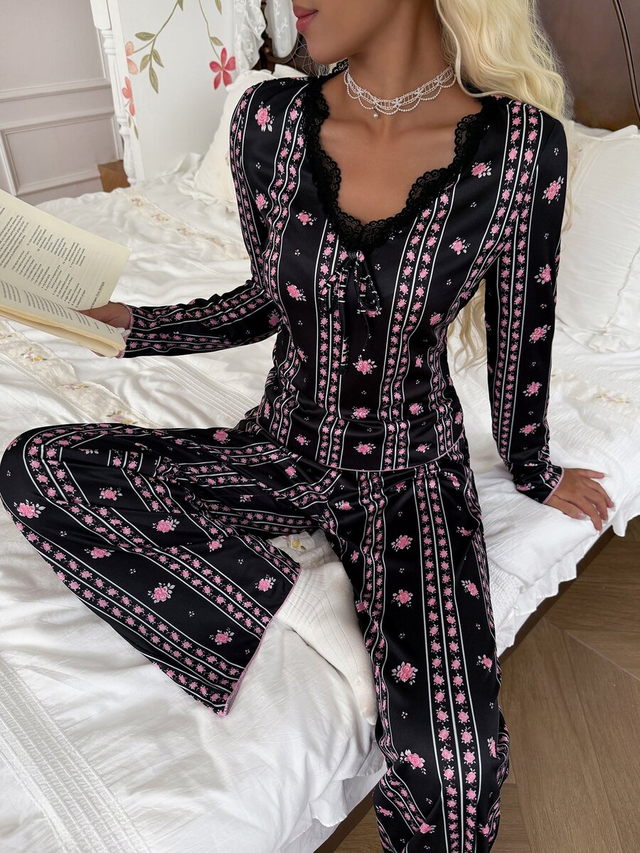 CottageSlumber Ditsy Floral Pajama Set With Delicate Lace Trim, Comfortable Casual Long Sleeve & Long Pants - Black - View 1