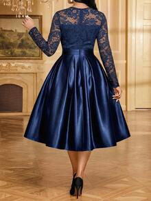 SHEIN Lady Women's Plus Size Elegant Party Dress Lace Patchwork Dress - Blue - View 2