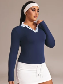 Rhythm Era Women's Plus Size Minimalist Colorblock Collar Long Sleeve T-Shirt - Navy Blue - View 3