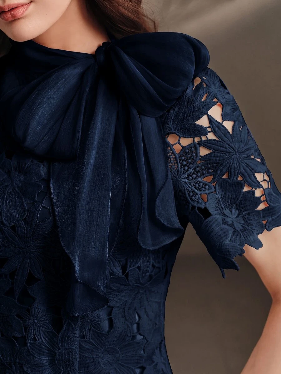 Anewsta Spring Summer French Gentle Style Beige Hollow Lace Bowknot Versatile Women's Blouse - Navy Blue - View 1