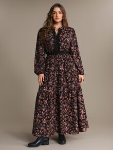Freevana 女款大尺碼黑色洋裝，碎花圖案，蕾絲細節，長燈籠袖，優雅休閒適合外出，秋冬女裝 - 黑色 - 查看 3