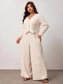 Enliva Plus-Size Women's Casual Striped Shirt And Trousers Set Apple,Rounded Body - Apricot - View 4