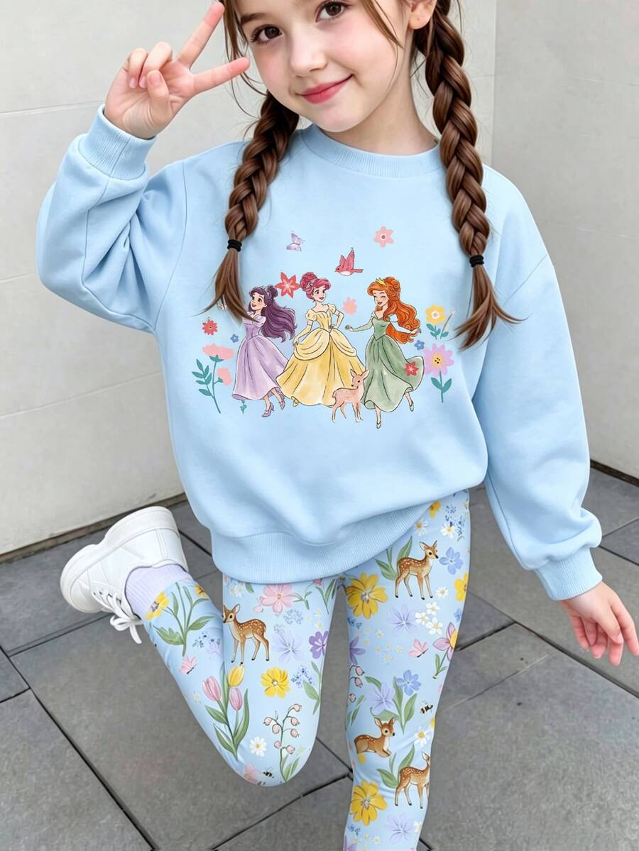 SHEIN 小女孩 2件套 公主卡通印花圓領衛衣與花卉鹿紋印花內搭褲,甜美休閒秋季居家戶外穿著套裝 - 彩色 - 查看 1