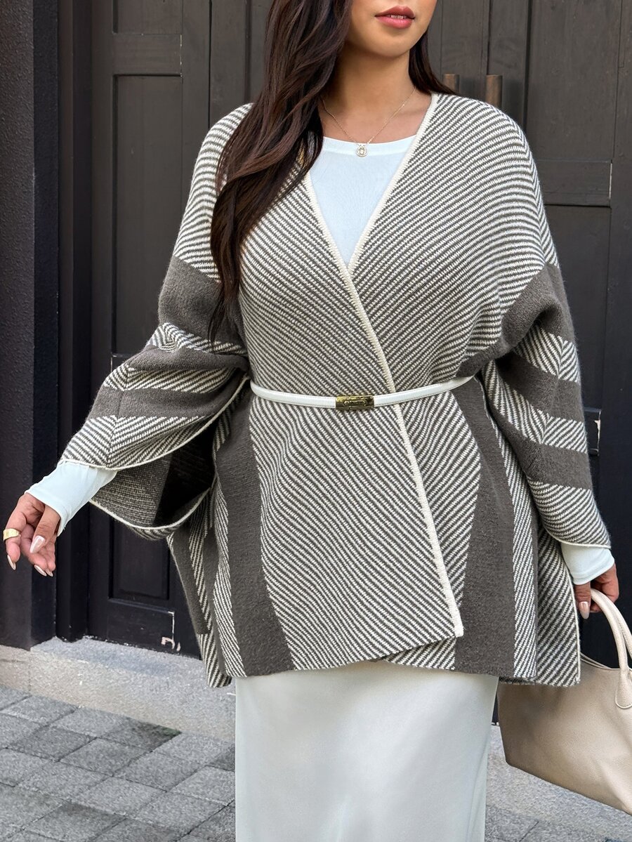 Easura Plus Size Women's Striped Loose Elegant Commute Knit Cover Up - Khaki - View 1