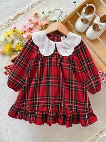 LMoss Kids 女嬰編織對比色彼得潘領格紋休閒洋裝 - 彩色 - 查看 1