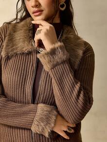 Nubod Plus Size Fitted Elegant Commute Patchwork Fur Collar Zip-Up Knit Cardigan - Brown - View 1