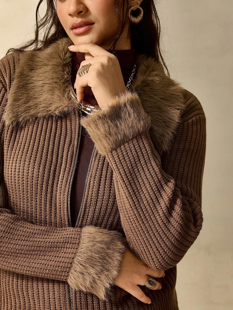 Nubod Plus Size Fitted Elegant Commute Patchwork Fur Collar Zip-Up Knit Cardigan - Brown - View 1