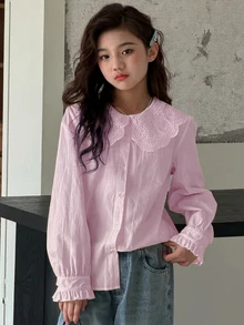 DAZY 青少年女孩秋季服飾蕾絲娃娃臉泡泡袖長袖甜美襯衫 - 粉色 - 查看 5