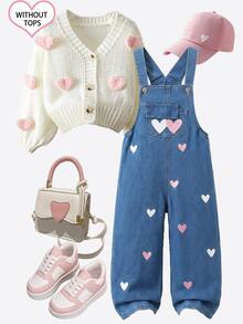 SHEIN Elladie kids 女童牛仔吊帶褲，四季新款，休閒百搭復古中藍色牛仔布，粉色與白色愛心刺繡，寬鬆直筒版型，舒適細棉牛仔面料，時尚日常穿著，女童牛仔吊帶褲 - 中等水洗藍 - 查看 2