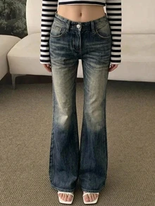 DAZY Women's Blue-Grey Washed Distressed High-Waist Slim Fit Flared Leg Vintage Casual Denim Jeans - Blue - View 8