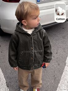 SHEIN Baby Boy Casual Washed Hooded Autumn Jacket - Dark Grey - View 1