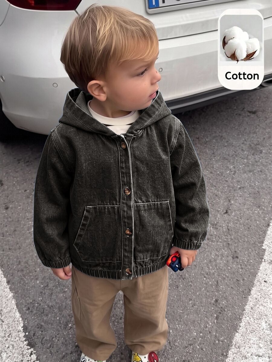 SHEIN Baby Boy Casual Washed Hooded Autumn Jacket - Dark Grey - View 1