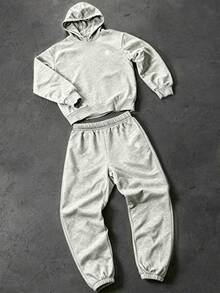 SHEIN 兒童青少年男童 2 件組新款休閒時尚極簡星星圖案運動風灰色連帽衛衣與喇叭褲套裝，適合秋冬、學校、家庭聚會、開學季、生日派對、拍照、度假、假日，運動舒適 - 灰色 - 查看 4
